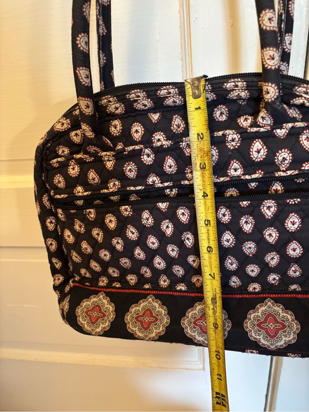 Vera Bradley Black Quilted Shoulder Tote with Red and Cream Paisley Accents